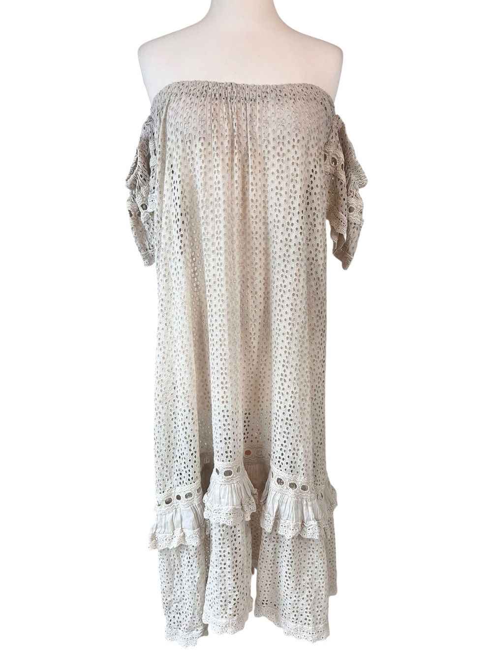 Sunday Saint Tropez Clea Tan Eyelet 
Cotton Silk Blend Off Shoulder Dress